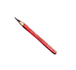 Watercolor illustration.Red wood graphite pencil for drawing, a tool for carpenter's work. Isolated on a white background.