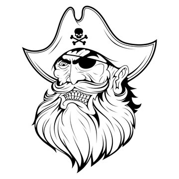 Bearded evil pirate. Pirate tattoo. Captain logo. Pirate Eye. Buccaneer hat. Vintage sailor character. Filibuster face. Freebooter. Monochrome style. Vector graphics to design.