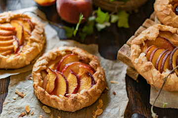 Homemade tart peach Galette (French name) - a few open pies with fresh organic fruits, rustic kitchen, dark wooden table. Low key shot. Natural light, copy space, selective focus.
