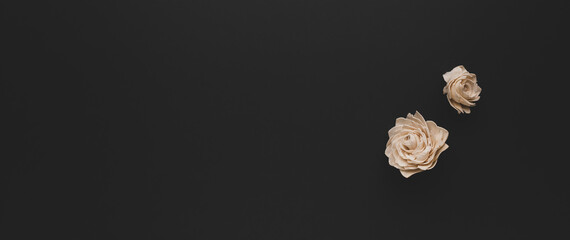 Autumn composition with dried white roses on dark background. Flat lay copy space.