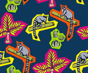 Vector background hand drawn exotic lemur wild animals. Hand drawn ink illustration. Modern ornamental decorative background. Vector pattern. Print for textile, cloth, wallpaper, scrapbooking