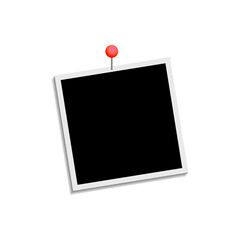 Photo frame with pin on white background with shadow effect. Template, blank.