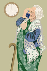 an old women with gray hair and toothless mouth smiles broadly while talking on cell phone putting her cane away 