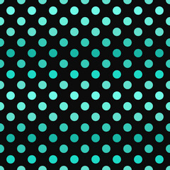Blue polka dots gradient on black background flat seamless pattern.