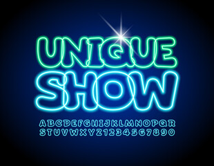 Vector bright banner Unique Show with Neon blue Font. Glowing comic Alphabet Letters and Numbers