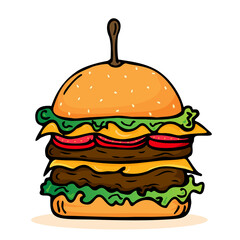Big burger logo. Colorful hand-drawn hamburger hot dish. Delicious sandwich line vector illustration. Concept for menu, fast food. Big burger, hamburger hand-drawing vector sketch sketch retro.