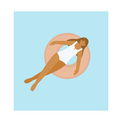 A girl in a white swimsuit is lying on a rubber ring. Summer sea illustration in pastel shades. Flat cartoon vector illustration.