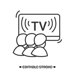 TV audience icon. People watching television broadcast linear pictogram. Media influence on public opinion movie and news translation concept. Thin line editable stroke vector illustration