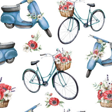 Watercolor seamless pattern with blue bicycle with basket and scooter with anemones. Hand painted summer illustration with flowers isolated on white background. For design, print, fabric, background.