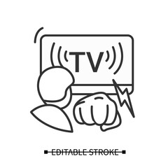 Media violence icon. Person watching tv and fist line pictogram. Media impact on crime levels in society and children channels content censorship illustration. Editable stroke vector illustration