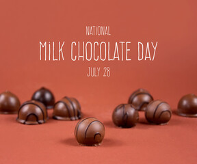 National Milk Chocolate Day stock images. Chocolate pralines on a brown background stock images. Round chocolate candies images. Milk Chocolate Day Poster, July 28. Important day