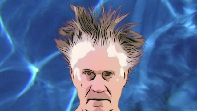 Crazy nutty wild man abstract meme with liquid background and zoom.