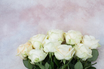 bouquet of white roses close up on a light background