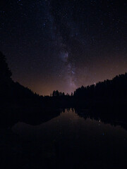 Starry night sky and pine tree silhouettes are reflected in the still lake