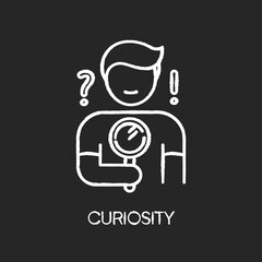 Curiosity chalk white icon on black background. Human feeling, personal quality. Search for answer, problem solution. Curious person holding magnifying glass. Isolated vector chalkboard illustration
