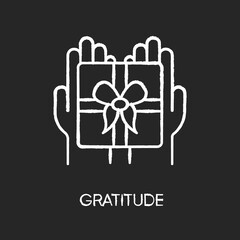 Gratitude chalk white icon on black background. Thankfulness, sign of appreciation, feeling grateful. Special occasion, holiday celebration. Present, gift isolated vector chalkboard illustration