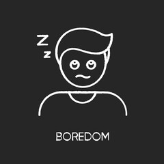 Boredom chalk white icon on black background. Exhaustion, weariness, burnout. Feeling of tedium, sleep problem, insomnia. Disinterested, bored, sleepy person isolated vector chalkboard illustration