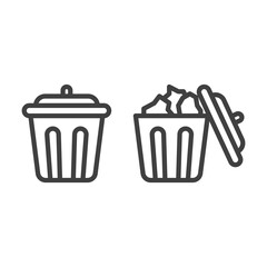 Icon of open and closed trash can. Minimalistic image of an empty and full trash bin. Linear vector isolated on white background.
