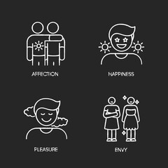 Positive and negative emotions chalk white icons set on black background. Human feelings, emotional behaviour, mood. Affection, happiness, pleasure and envy. Isolated vector chalkboard illustrations