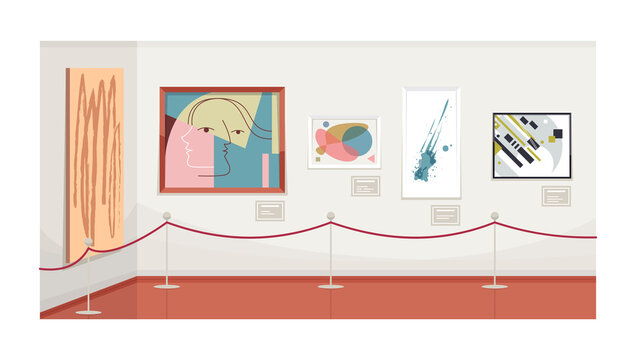 Modern art gallery semi flat vector illustration. Empty contemporary museum. Artwork exhibition. Fine art showroom. Pictures, paintings hanging on wall 2D cartoon objects for commercial use
