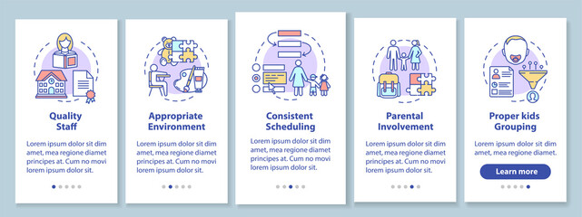 Kindergarten effectiveness components onboarding mobile app page screen with concepts. Quality staff. Walkthrough 5 steps graphic instructions. UI vector template with RGB color illustrations