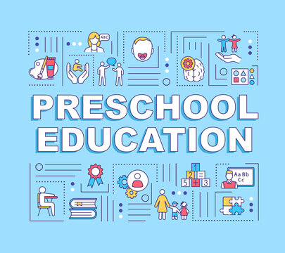 Preschool Education Word Concepts Banner. Early Childhood. Toddlers Growth. Infographics With Linear Icons On Blue Background. Isolated Typography. Vector Outline RGB Color Illustration