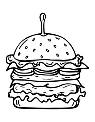 Illustration Burger in classic style. Big burger, hamburger hand drawn vector illustration sketch.
