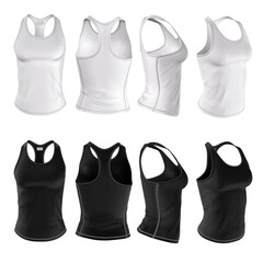 Sports women's singlet of white and black.  Front, back, side view. Underwear. Sportswear set. Mockup for design and branding. Blank clean template. 3d illustration isolated on white background.