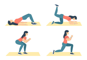 Woman doing different exercise for fit body and butt. Buttock workout set, side view. Healthy and active lifestyle. Fitness in the gym. Isolated vector illustration in cartoon style. 