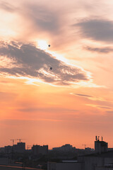 Two balloons on a background of pink sunset and clouds