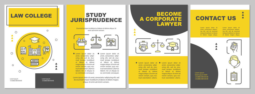 Law School Brochure Template. Studying Jurisprudence. Flyer, Booklet, Leaflet Print, Cover Design With Linear Icons. Vector Layouts For Magazines, Annual Reports, Advertising Posters