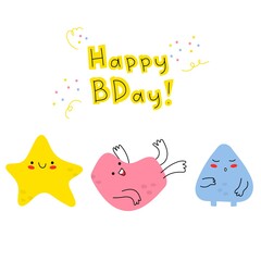 Hand-drawn funny tiny doodles-monsters with thin handles. Birthday greeting card. Funny smiling emoticons on their faces. Fashionable colorful illustration for children. Stock vector illustration