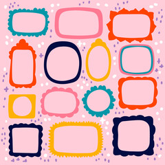 Hand drawn cute frames set. Flat cartoon style. Vector elements in modern colors isolated on pink background.
