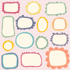 Hand drawn cute frames set. Cartoon style. Vector elements in pastel colors.
