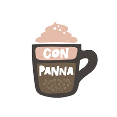 Con panna coffee hand drawn illustration with typography. Cup silhouette and hot drink. Colored grunge style lettering with ink drops. Restaurant coffee card, poster design element