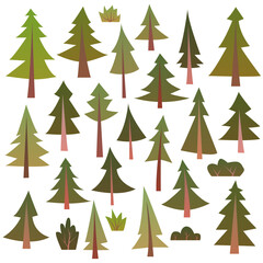 Obraz premium Coniferous trees and bushes collection. Cartoon style vector elements.