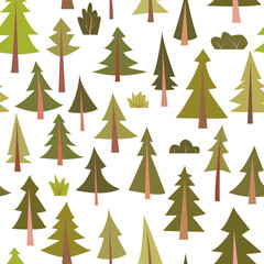 Obraz premium Seamless vector pattern with coniferous trees. Flat cartoon style illustration. 