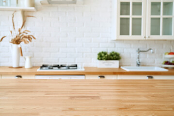 Kitchen wooden table top and kitchen blur background interior style scandinavian - 362660979