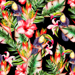 Beautiful watercolor seamless pattern with tropical leaves and bird tukan, hibiscus flowers and strelitzia.  © knopazyzy