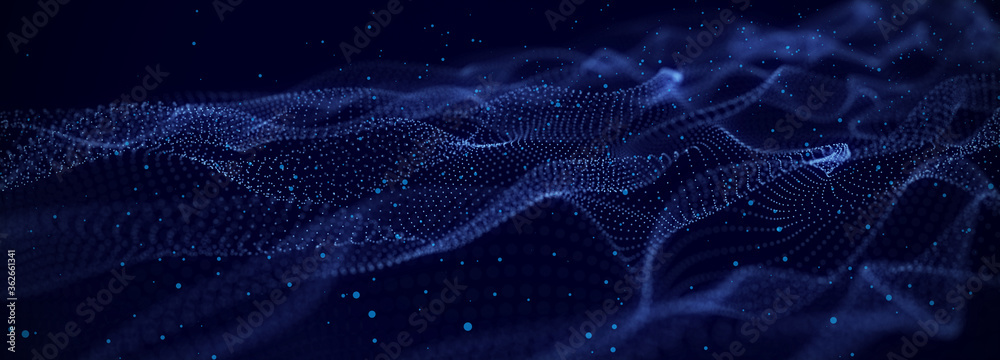 Poster Dynamic particles wave. Blue dots on black background. Digital landscape. 3d rendering. Big data visualization 3D. Futuristic backdrop for design, wallpaper.