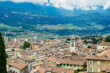 Fototapeta na wymiar Top down italian old town classic city view with italian traditional roof tile — Rovereto city, Trentino, Italy
