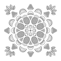 Round fruit vector pattern. Coloring page with food and leaves. Pineapple, strawberry, watermelon, grapes.