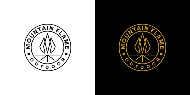 Mountain Flame Logo Badge Emblem. Fire Icon Element. Bonfire Campfire Outdoor Symbol. Letter M + Flames.