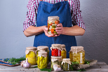 Homemade preserved and fermented food, pickled and marinated vegetables