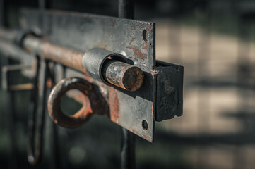Vintage large iron door latch on steel gates