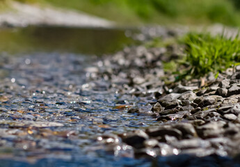 a stream flows along the street, a sewer breakthrough, water flows between stones and grass