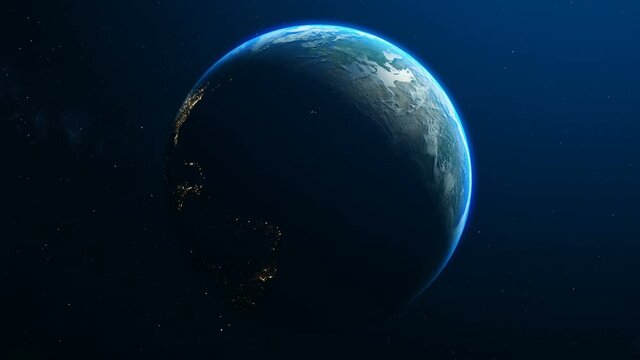 The dark side of the earth is not lit by the sun with bright city lights. 3D animation with a detailed satellite map, some elements from the NASA. 4k loop animation