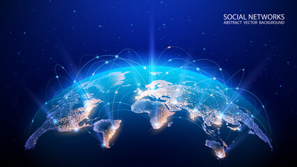 Fototapeta na wymiar Vector. Map of the planet. World map. Global social network. Future. Blue futuristic background with planet Earth. Internet and technology. Floating blue plexus geometric background.