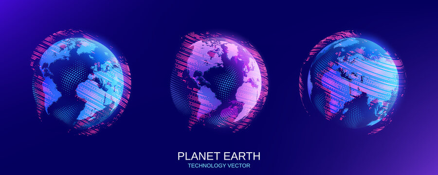 Vector illustration. Set of isolated objects. Planet Earth. Global map. Future. Modern technological dark blue background. World Wide Web Internet. Technology, innovation and communication.