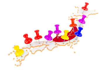 Map of Japan with colored push pins, 3D rendering